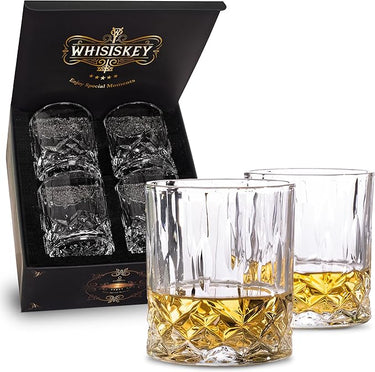 Whisiskey Set de Vasos de Whisky - Set de Regalo de Whisky - Vaso Whisky - Regalos Originales para Hombres - Caja de Regalo, 4 Vasos de Whiskey x 310ML